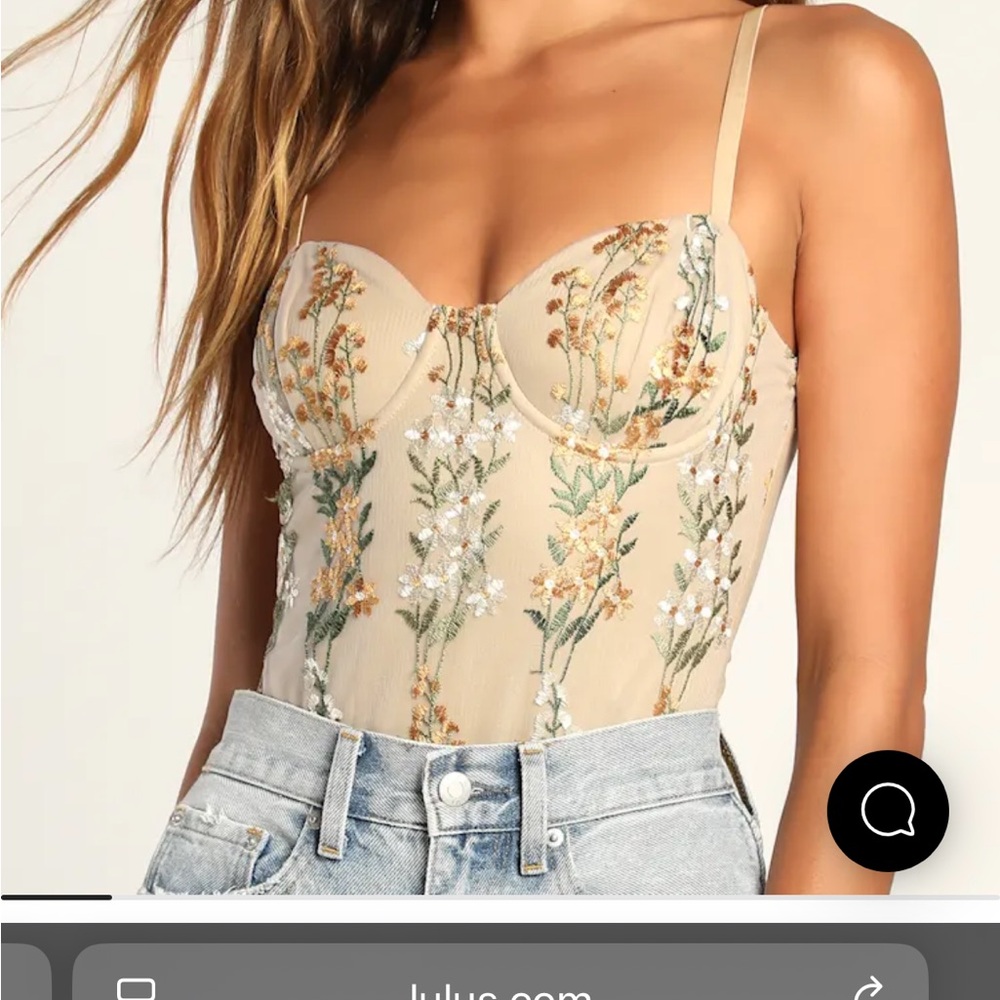 Lulu's Beige Floral Embroidered Bustier Bodysuit